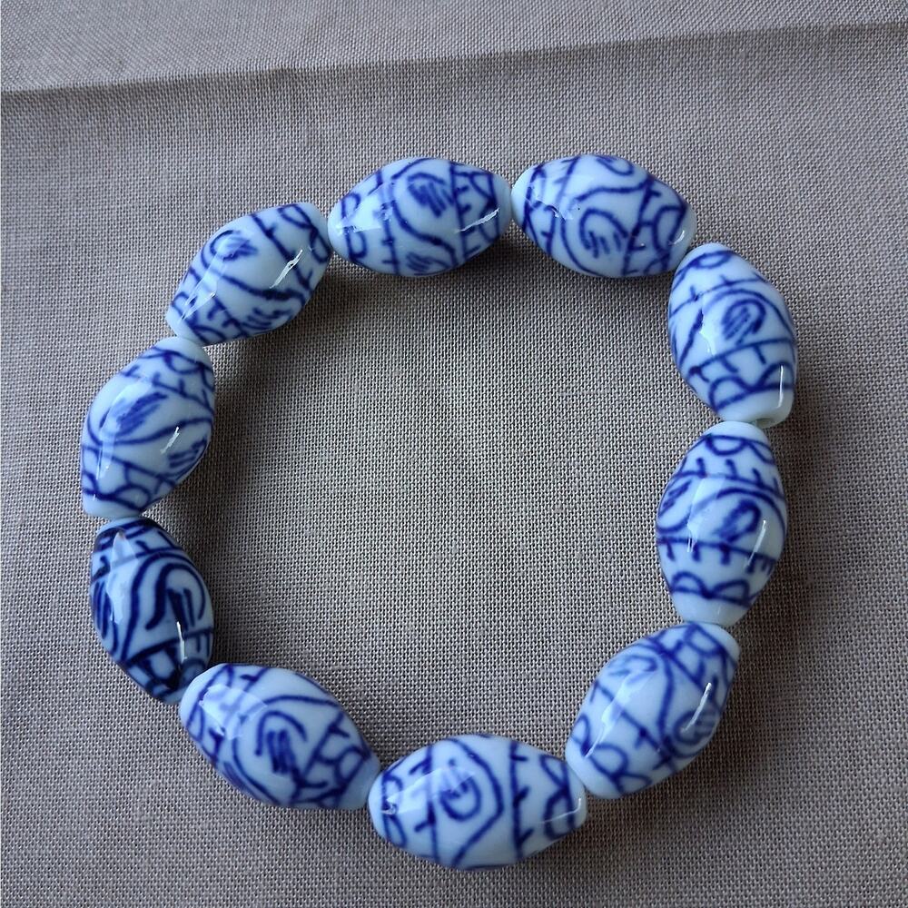 Blue and White Porcelain Bead‎ Stretch Bracelet